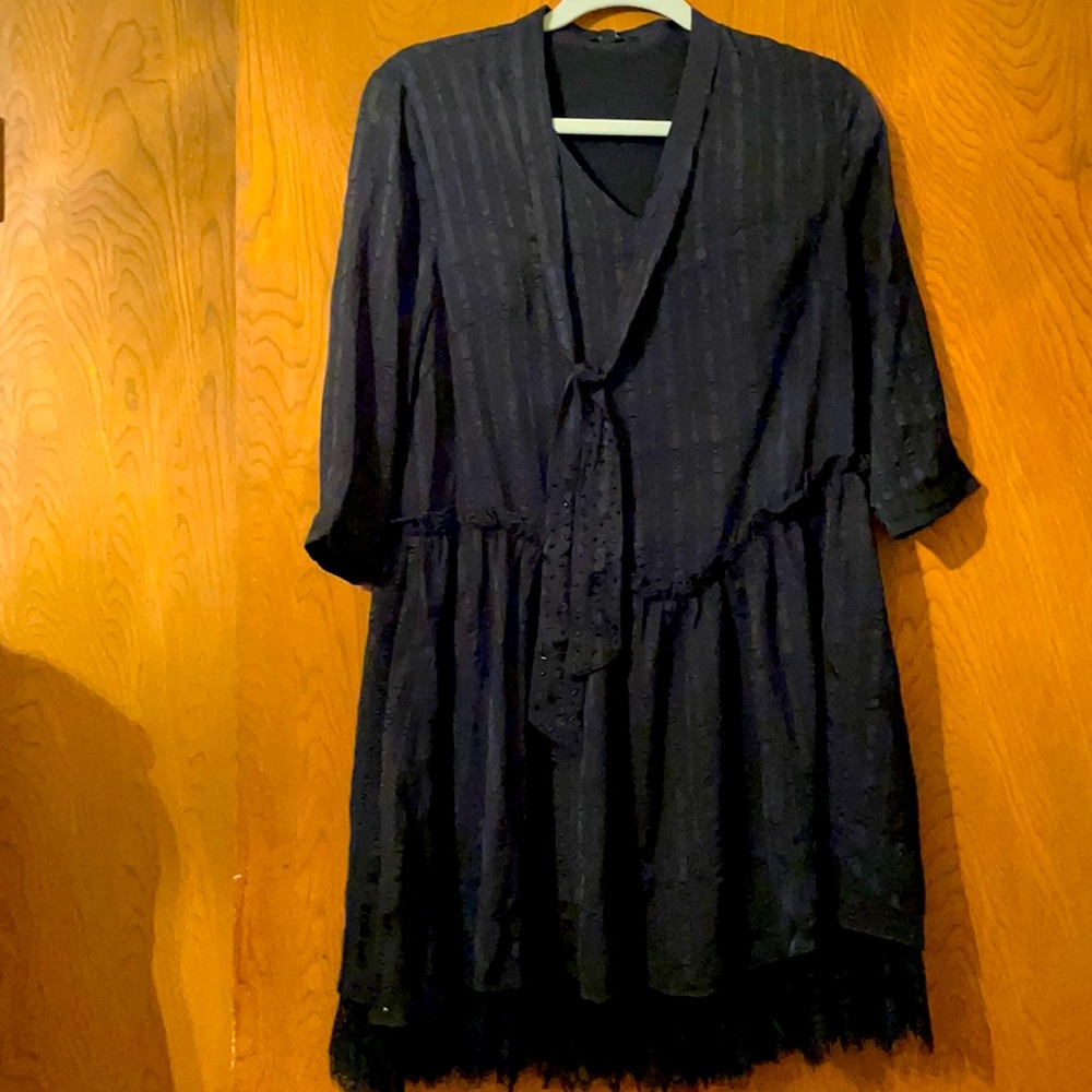 CDM,  Chiffon-like striped Black Dress, Small